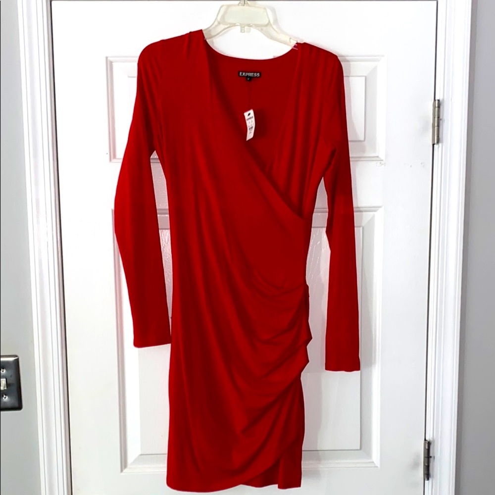 Express Red Ruched Asymmetrical Bodycon Dress
